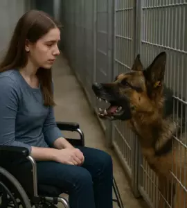 Frau im Rollstuhl trifft auf Hund