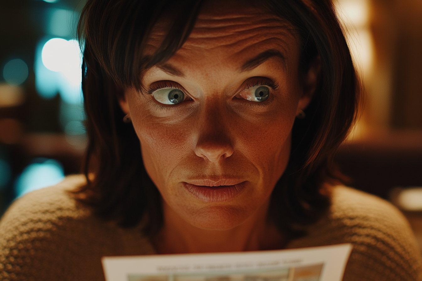 Eine Frau, die im Restaurant über die endgültige Rechnung überrascht ist